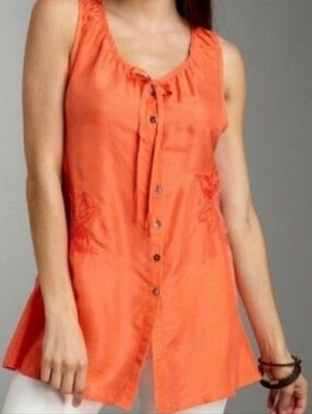 Da-Nang Floral Embroidered Silk Sleeveless Button up Top Orange XS